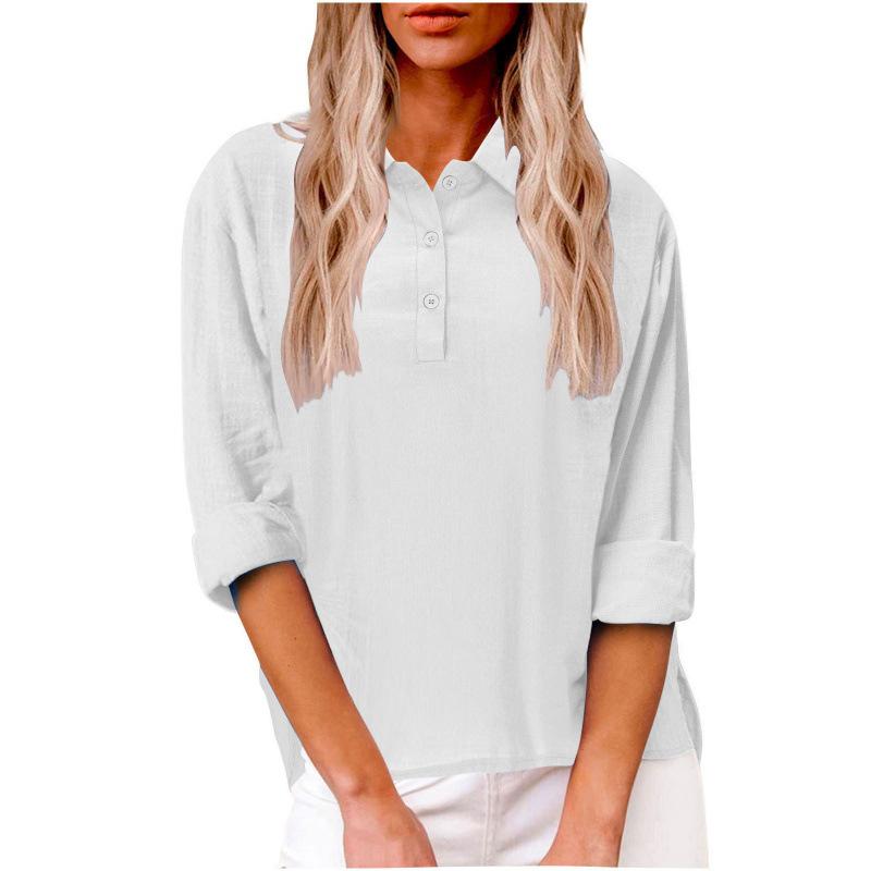 New cotton and linen women's shirts European and American loose casual V-neck button-up tops women's clothing