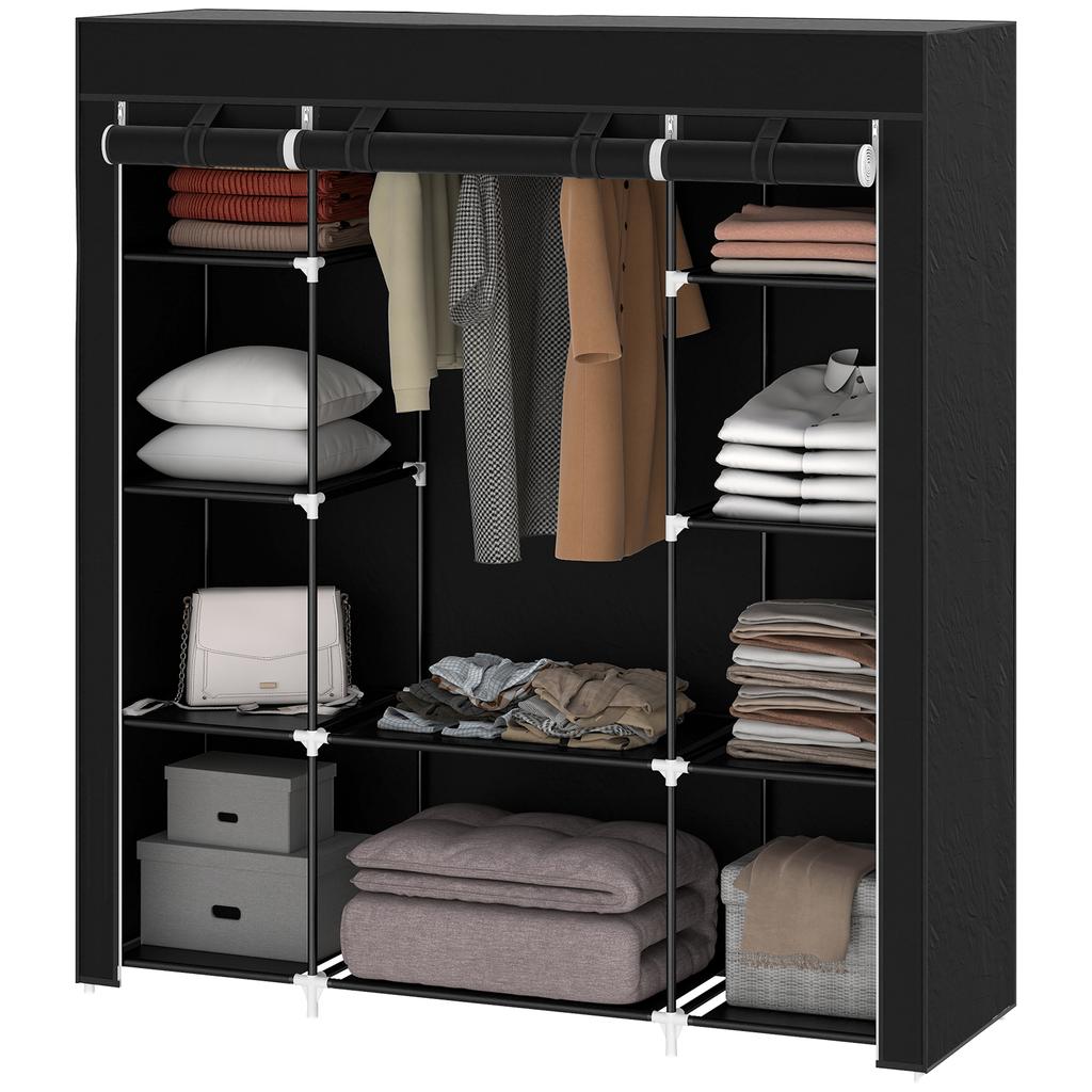 Armadio in Tessuto Non Tessuto, Armadio Pieghevole, 1 Barra Appendiabiti, 9 Ripiani, 150 cm x 43 cm x 162,5 cm, Nero
