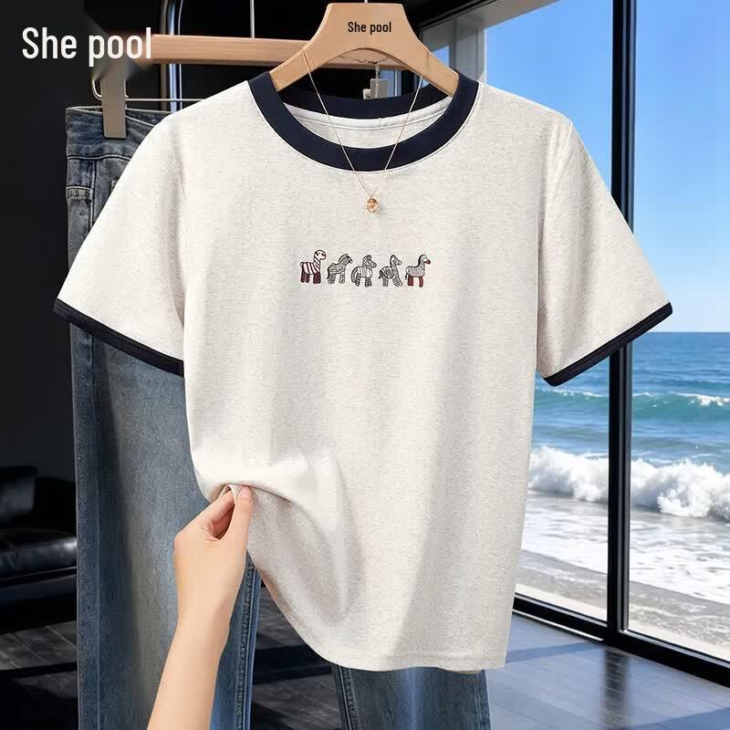 Women s Retro College Cartoon Embroidered T-Shirt M