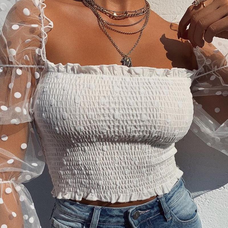 

Летние винтажные новые женские рубашки в горошек с пышными рукавами и квадратным вырезом, тонкая прозрачная блузка, укороченный топ, клубная одежда S белый