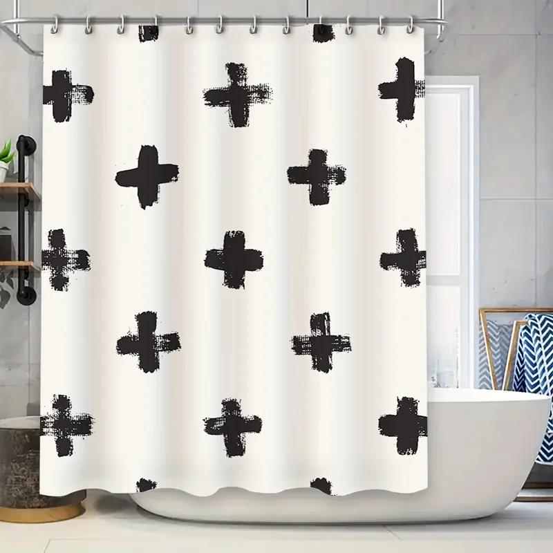 

Черно-белый принт со знаком плюс Душевая занавеска Водонепроницаемый Домашний декор Коврик для ванной Комнатный декор в европейском стиле Аксессуары для ванной W90xH180cm