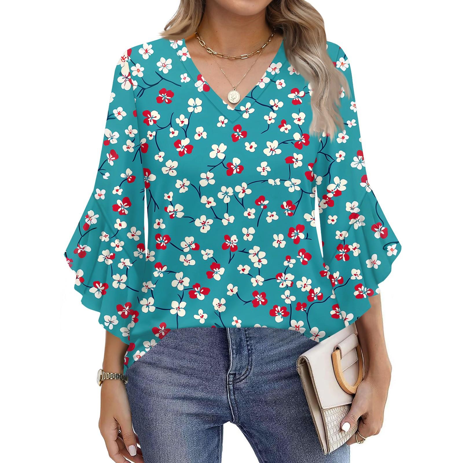 

Blouses For Women Dressy Casual 3/4 Length Sleeve Womens Tops V Neck Tshirts Shirts With Flared Sleeve XL циан