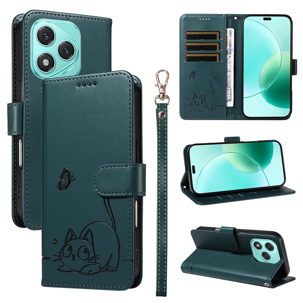 For Honor 400 Lite Case Cat Pattern Imprint Leather Phone Cover with Wrist Strap