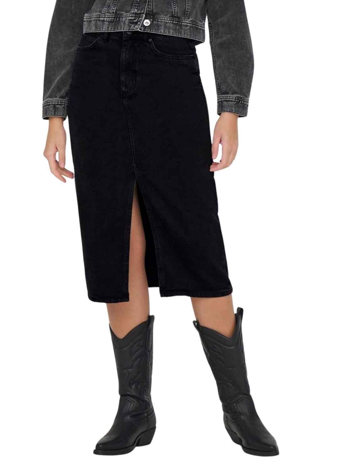 Only Damen Schwarz – Midirock Aus Denim In Verwaschenem Mit Schlitz Vorne - Bild 5