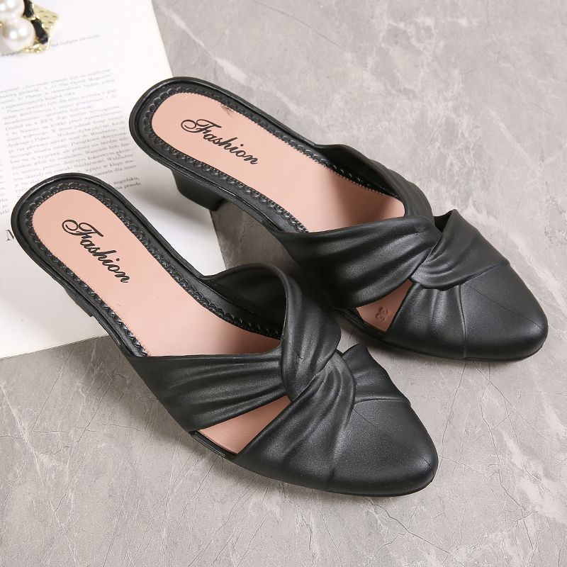 

Женские летние модные однотонные туфли из ПВХ с острым носком и полукруглым носком на толстом каблуке, женские сандалии на низком каблуке 36 чёрный