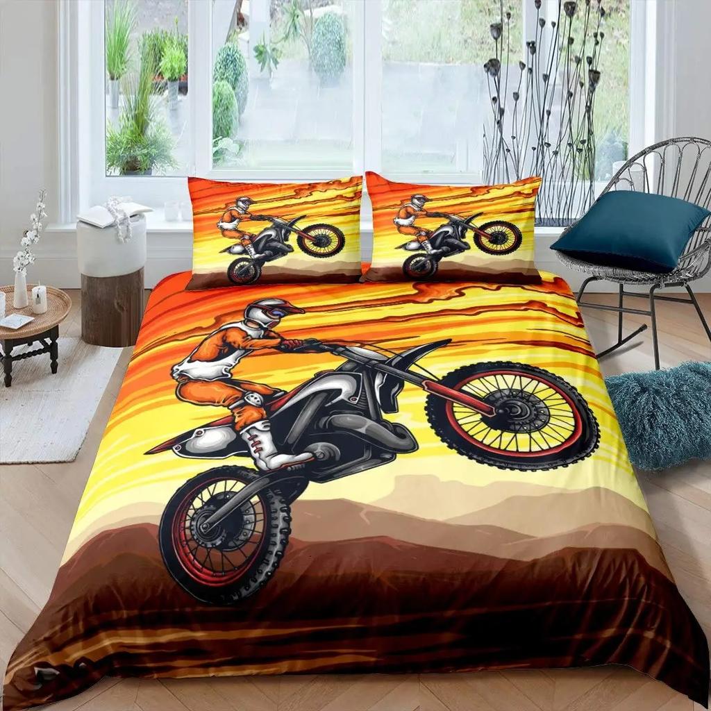 3D Motocross Duvet Cover King Size Microfiber Red Black Dirt Bike Extreme Sports Motorcycle Bedding Set