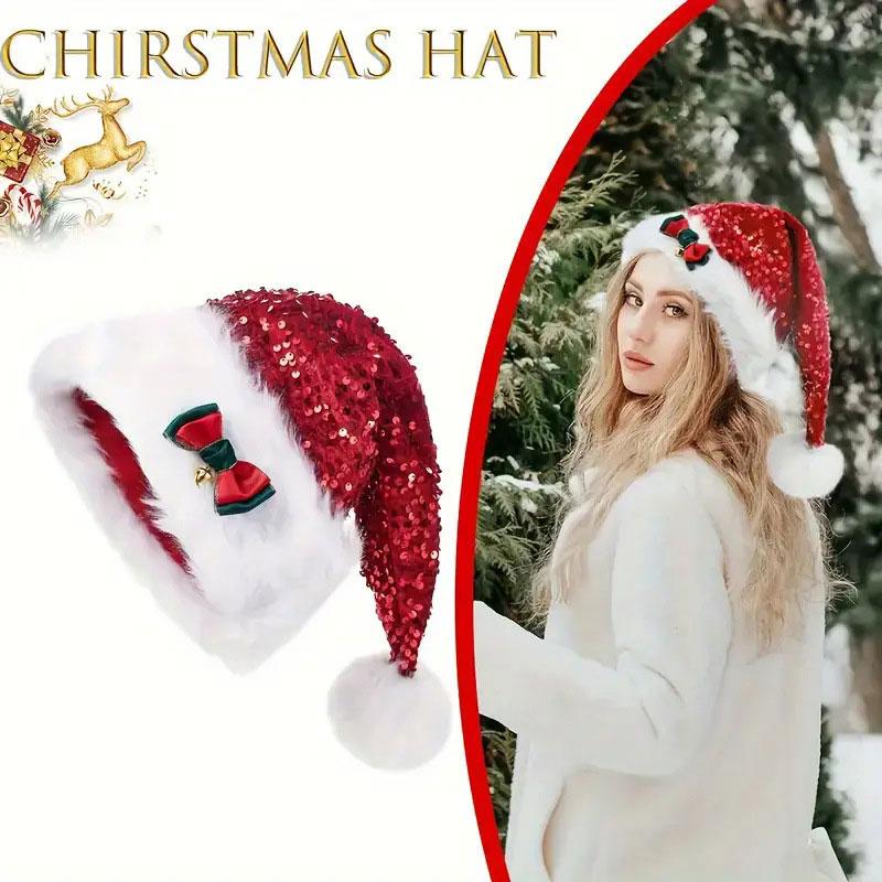 1pc Sequin Kids with Long Fluffy Solid Color Glitter For Adult Santa Claus Hat