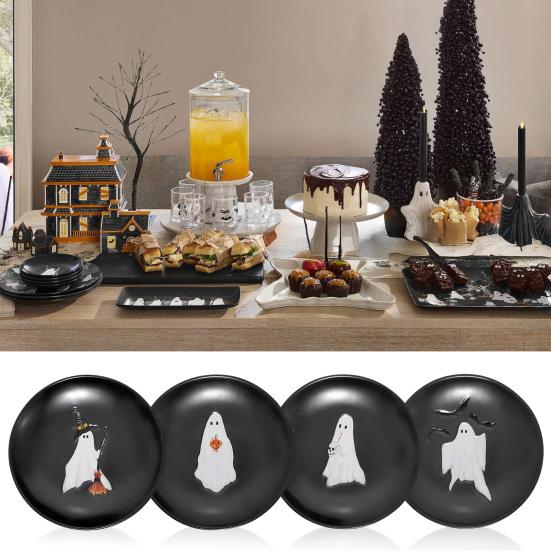 Halloween Szellem Tányér 7 Hüvelyk Újrafelhasználható Műanyag Szellem Tányér Kerek Vacsora Desszert Asztali Edények Készülék Trick or Treat Halloween Parti Kellékek