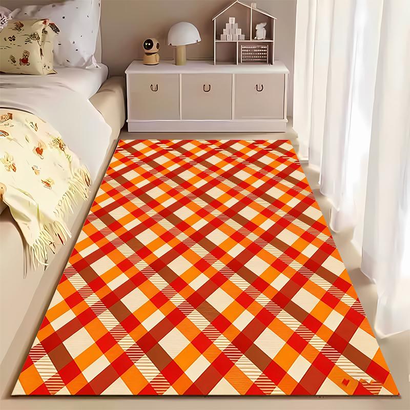 Plaid Pattern Carpet for Living Room, Red Orange and Beige Design Suitable for Use As an Anti-slip for Living Room Bedroom Sofas