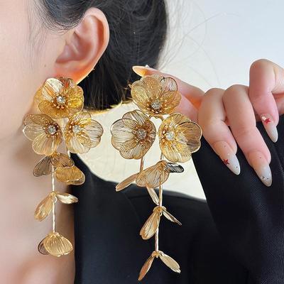 Golden Tassel Floral Earrings: High-End 925 Silver Retro Design for Women