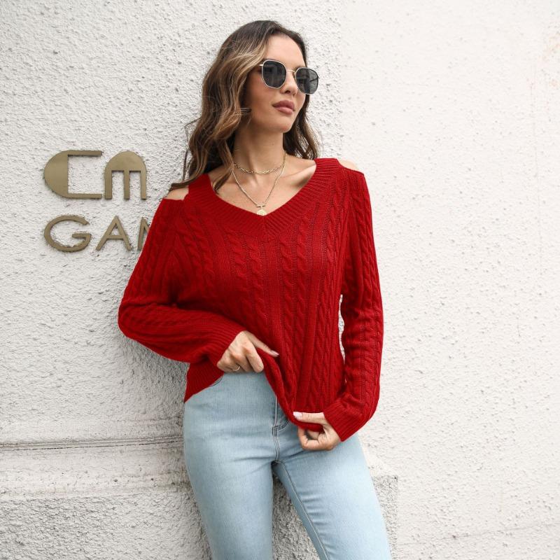 Women S Twisted Off Shoulder V Neck Loose Long Sleeve Knit Sweater