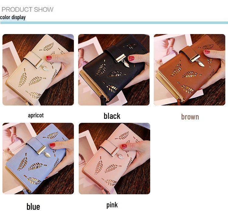 2018 Ladies PU Leather Wallet with Horizontal Zipper & Leaf Design