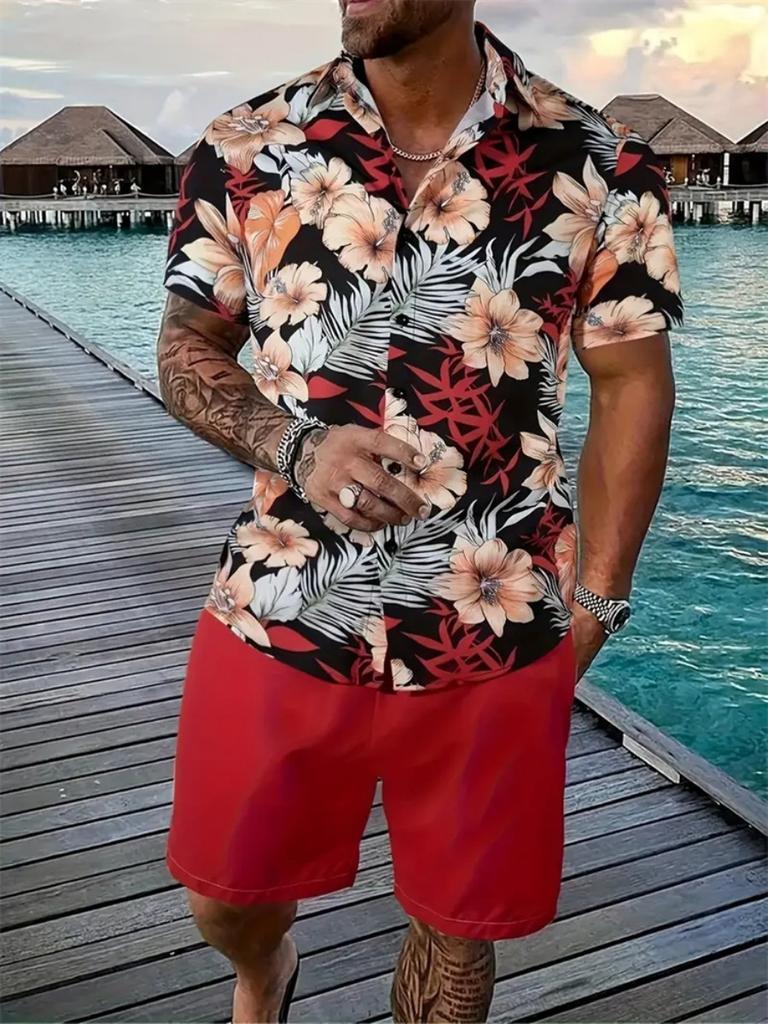 Hawaii Geometric Print Men's Shirt Casual Fashion Short Sleeve Shirt Shorts Set Men's Lapel Top Drawstring Shorts Two Piece Set