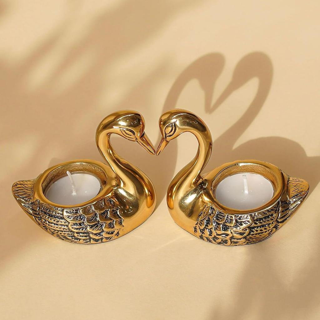 Aluminium Pair of Swans Tea Light Candle Holder with 2 T-Light Candles for Home Décor Living Room | Decorative Romantic Swan Couple Showpiece