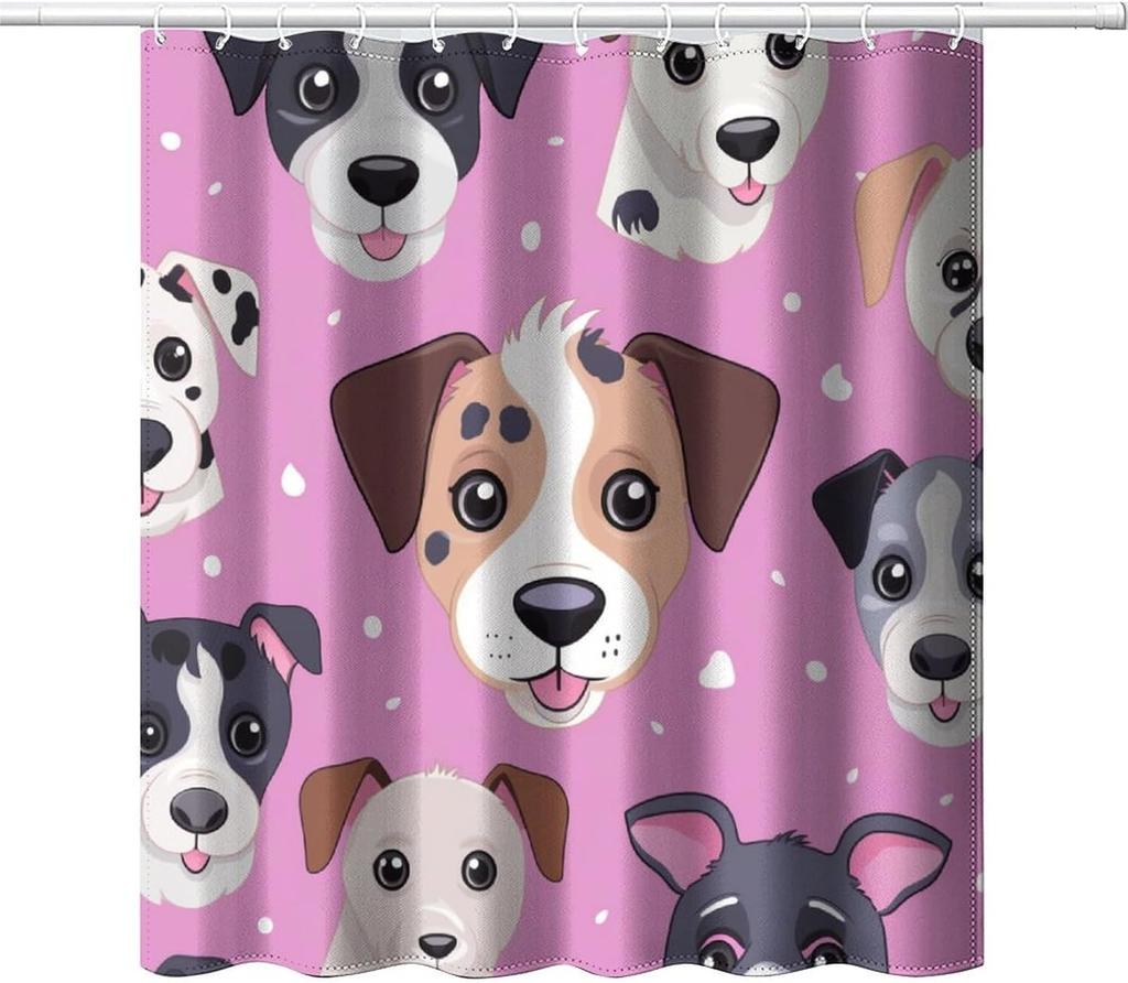 Cute Dog Children's Shower Curtain, Blue Background Children's Dog Theme Decorated Shower Curtain, Pet Lover Bathroom Decoration