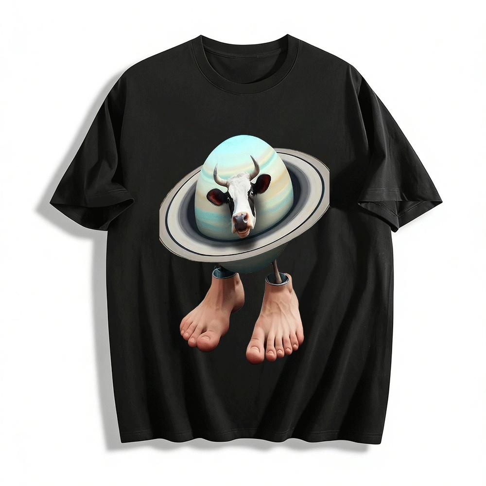 

Funny Saturn Cow With Human Feet Graphic Casual Tee Pure cotton T-shirt XXS
