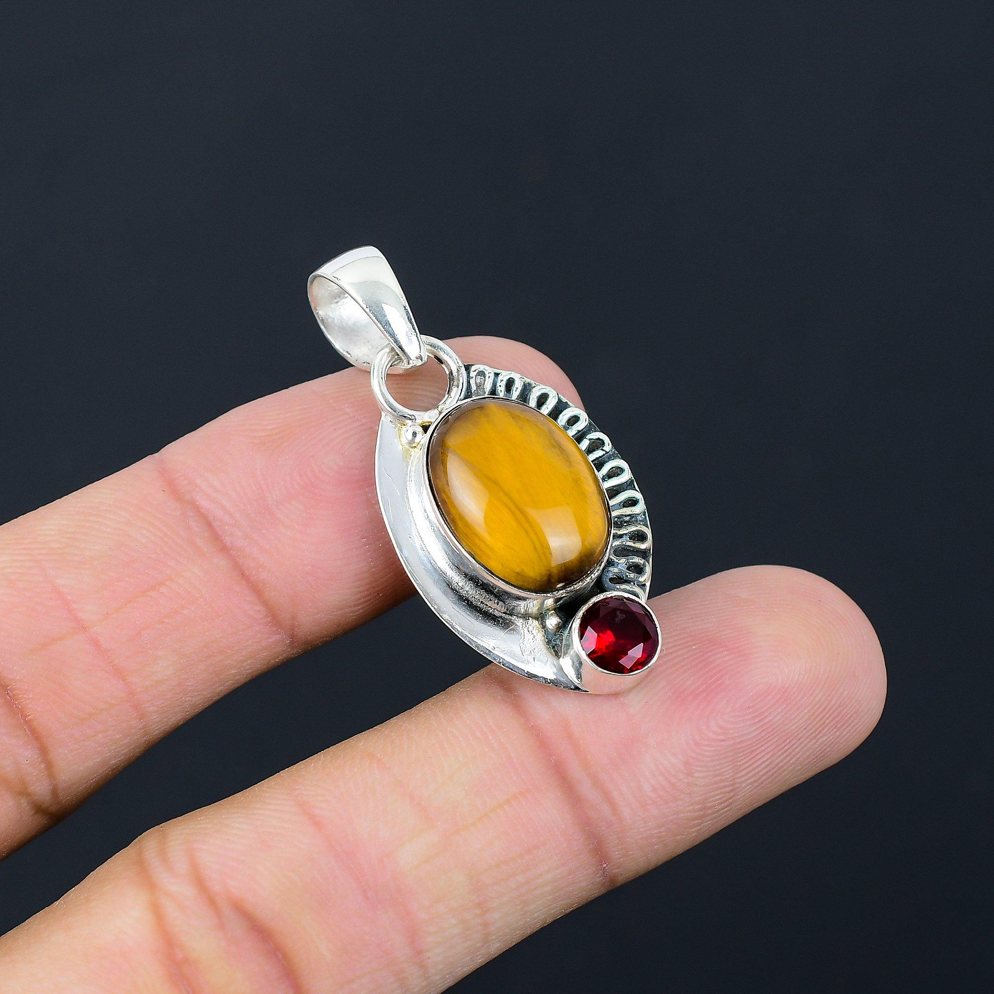 

Sterling Silver Oval Tiger Eye Gemstone Mozambique Garnet Handmade Wife Pendant