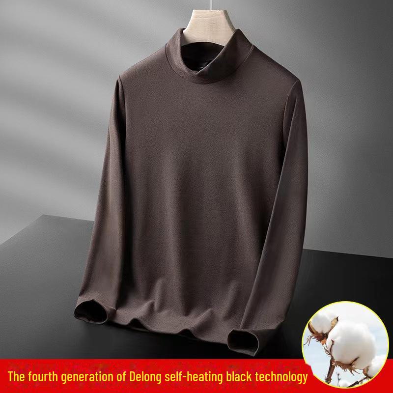 Men's German Velvet Half Turtleneck Long Sleeve Shirt - Solid Color, Thick Double-Sided Velvet, Warm Inner Wear for Autumn/Winter