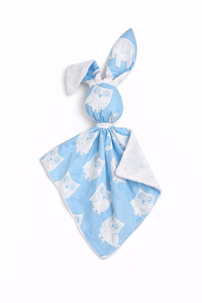 Bunny Cuddly Toy Doudou Double-Sided Cotton and Minky - Blue Owls - White