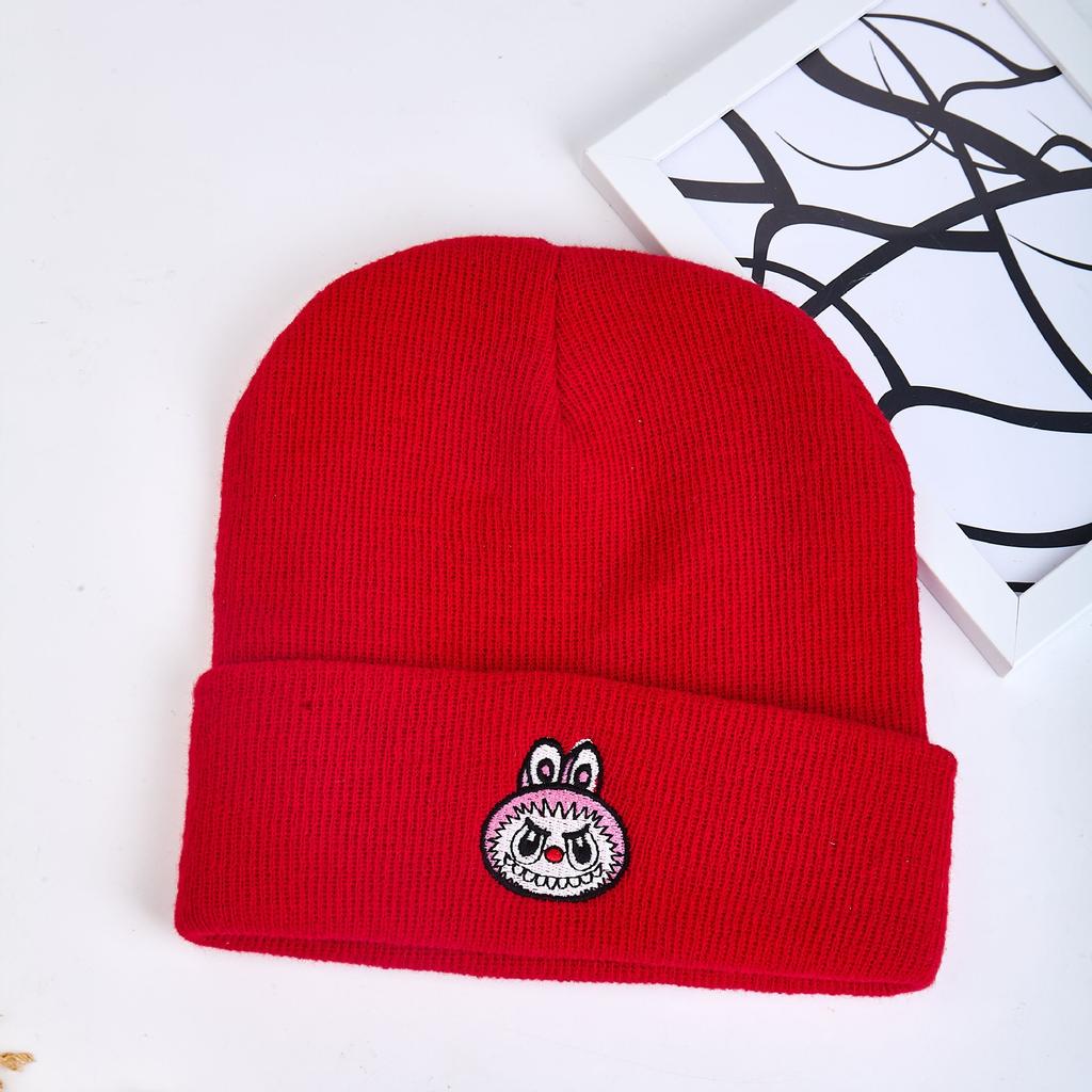 Warm Spandex/Polyester Knitted Beanie Cartoon Embroidery Autumn/Winter Unisex Adjustable Playful Trendy Black Blue Students Made