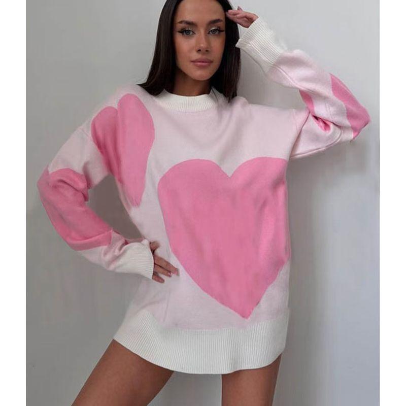 

European and American Autumn and Winter New Loose Heart Tassel Knitting Sweater Tassel Heart-Shaped Sweater Pink (no tassels) S