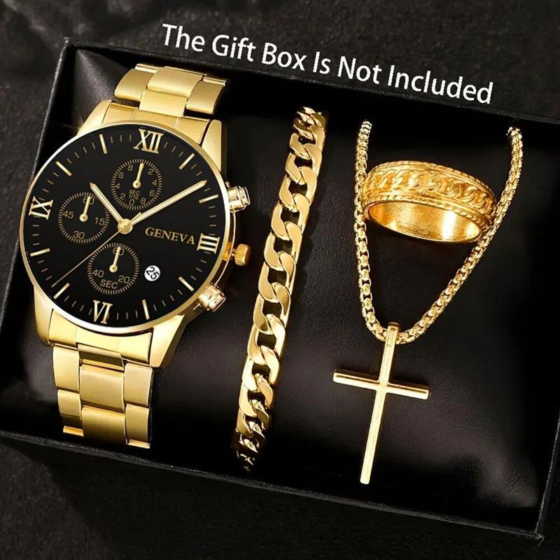 Fashion Business Geneva Calendar Watches Men's Stainless Steel Bracelet Pendant Necklace Ring Quartz Watch Set for Men