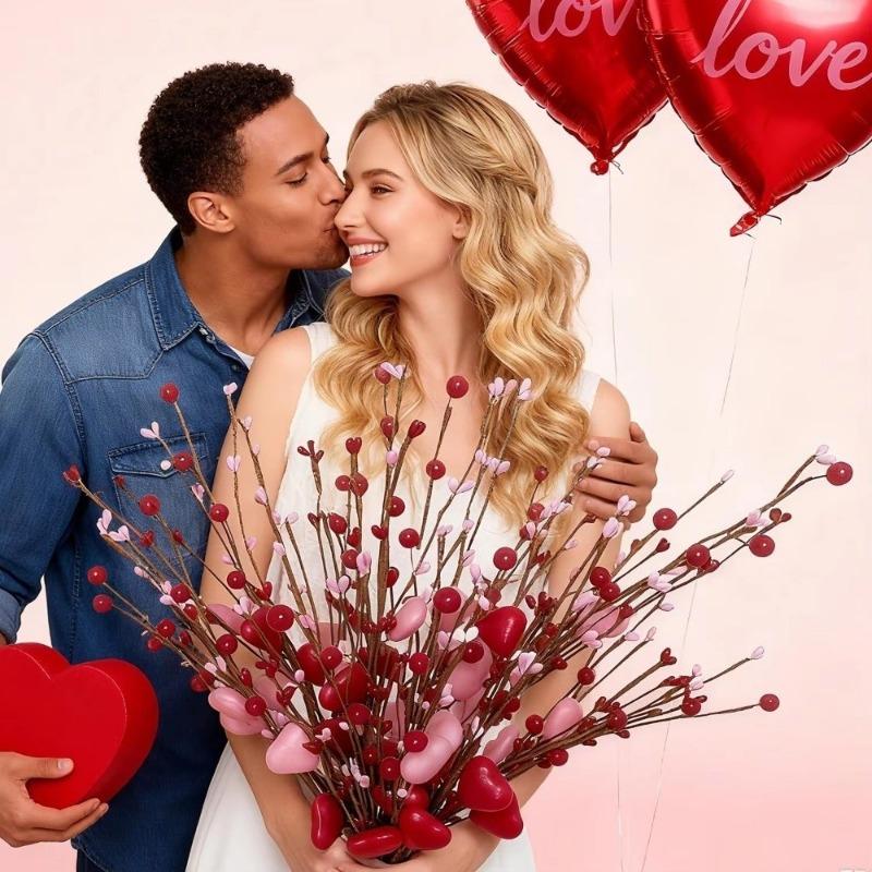 Heart-Shaped Artificial Heart Flowers DIY Vase Festive Atmosphere Berry Flower Stem Simulation Love Bouquet