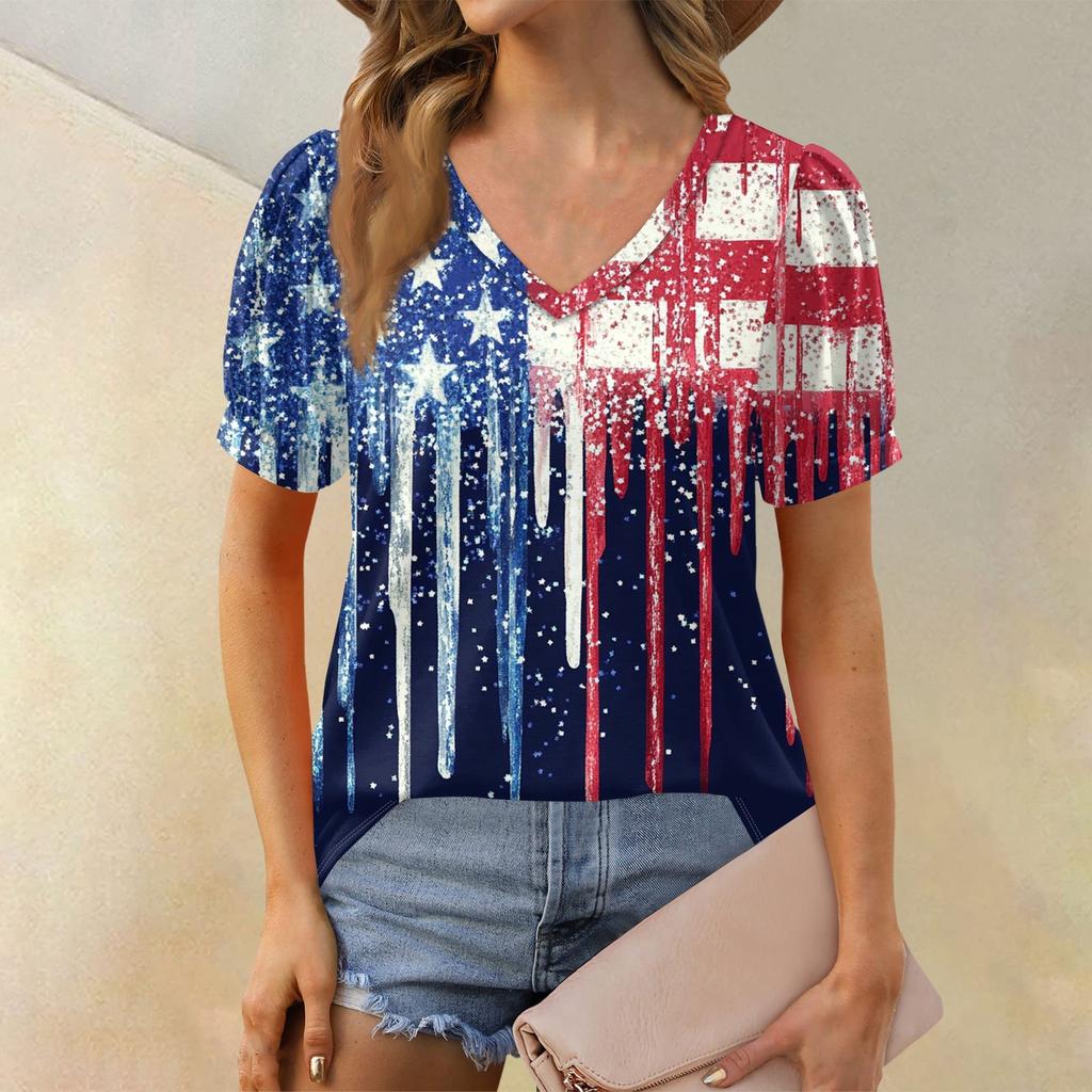 Women's Fashion Independence Day Print Top Puff Short Sleeve V-neck T-shirt Loose Casual T-shirt