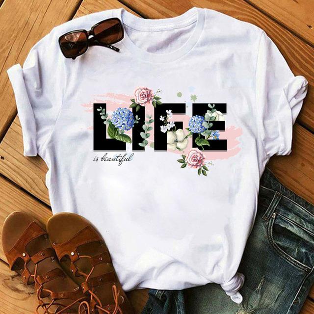 Fashion Women T Shirt Flower Printed T Shirt Casual Black Tops 90s Ladies Girl Tee Shirt Female Harajuku Graphic T -Shirt