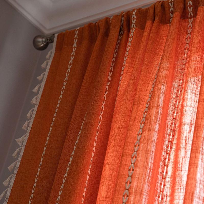 Curtain Half Blackout Cotton Linen Stripe Embroidery Orange Tassel American Curtain for Bedroom Bay Window Curtain Finished
