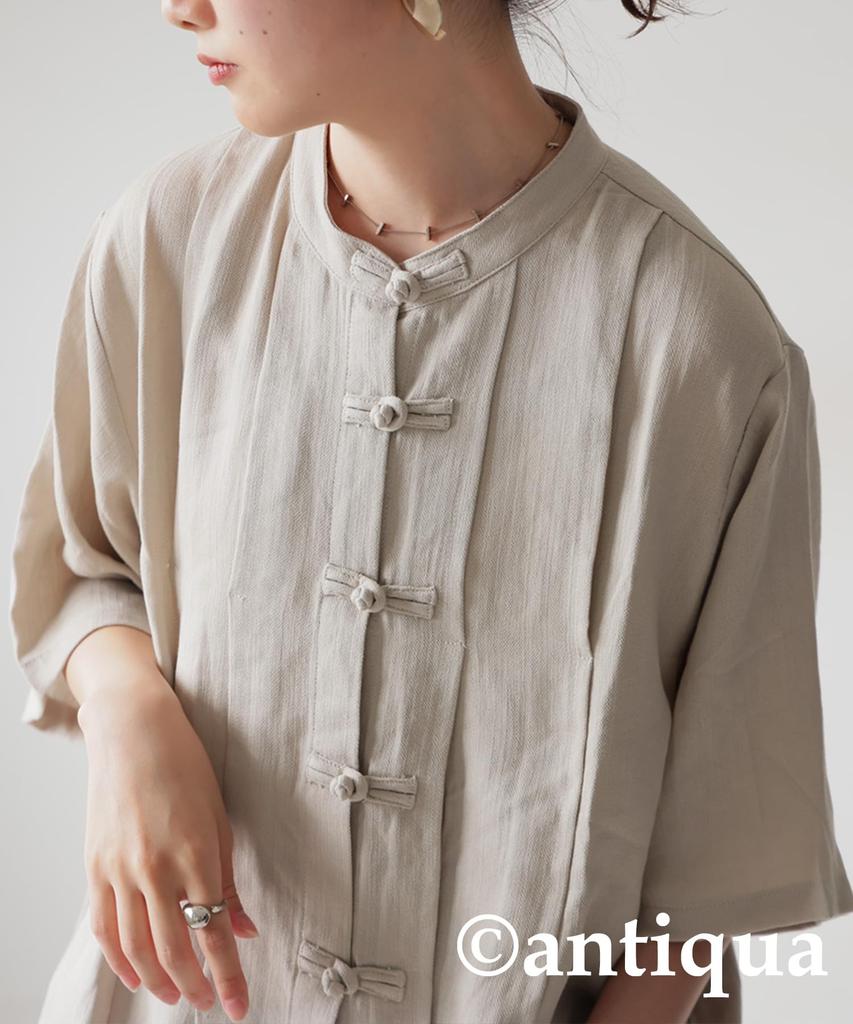 antiqua Short Sleeve Shirt with Chinese One Beige Women's Linen-Like Buttons, PK-01341, Size, 01,