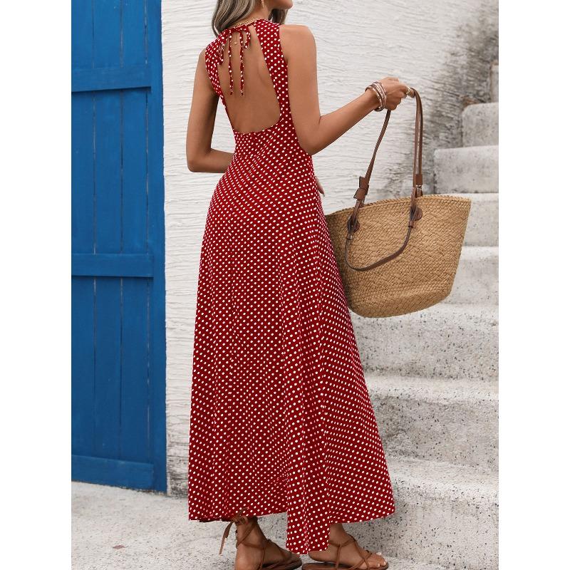 Women's Fashion Summer Spring Polka Dot Print Sleeveless O-Neck High Waist Casual Dresses