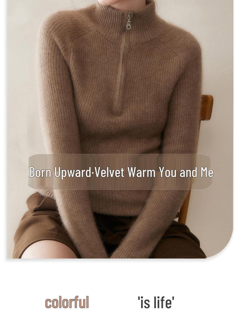 Zipper Lapel Cashmere Knit Loose Long Sleeve Pullover Sweater for Autumn/Winter