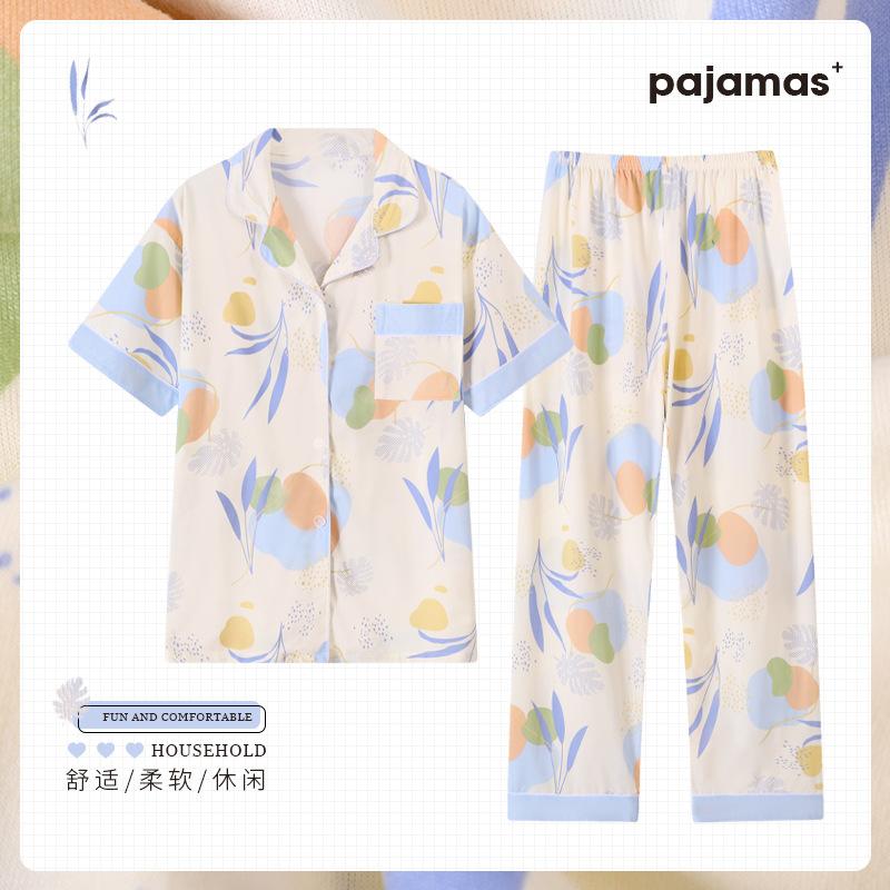 

Пижама женская с коротким рукавом весна-лето новая имитация хлопка домашняя одежда цветочный большой размер свободный средний комплект 3XL [recommended 145-77.5 kg]