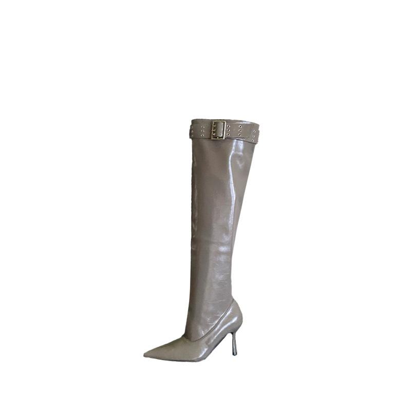 2025 Autumn and Winter New European and American Belt Buckle Pointed Head Thin Heel High Heel Temperament French Fashion Sexy Knee Boots