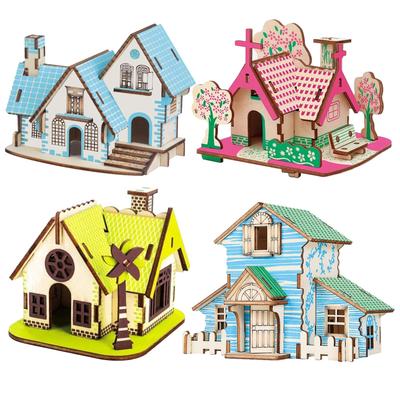 Quebra-cabeça de Madeira 3D NOELAMOUR, Conjunto de 4 Casas Fofas, Brinquedo Educacional para Crianças, Kit de Artesanato DIY de Artesanato 3D