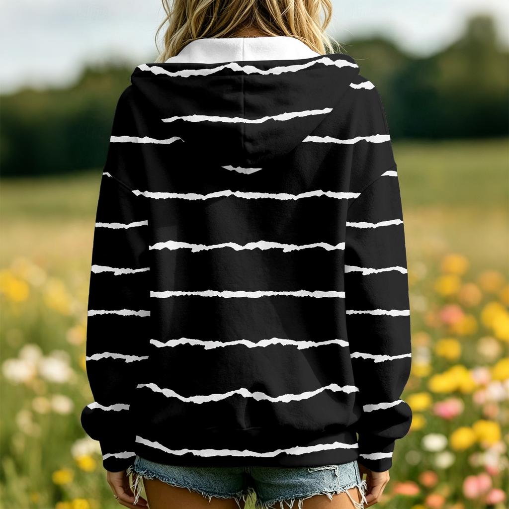 Women's Casual Striped Print Long Sleeve Hooded Jacket with and Pockets