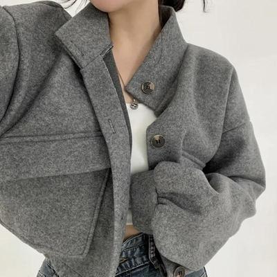 Women's Fall and Winter Short Section Stand-up Collar Lazy Wind Loose Tweed Jacket Solid Color Casual Jacket