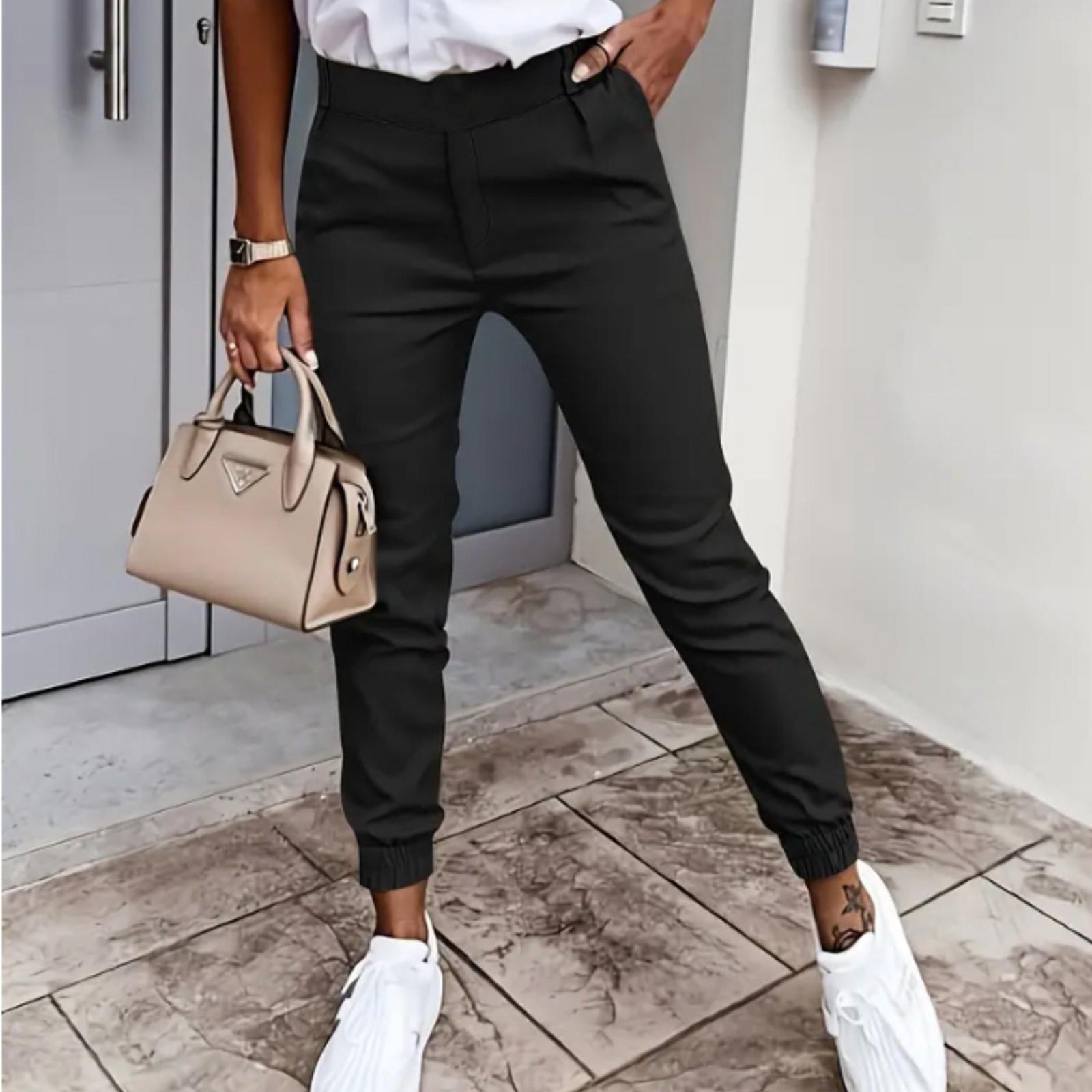 

Женские модные и повседневные однотонные брюки-морковки с манжетами, карманами и длинными штанинами S чёрный