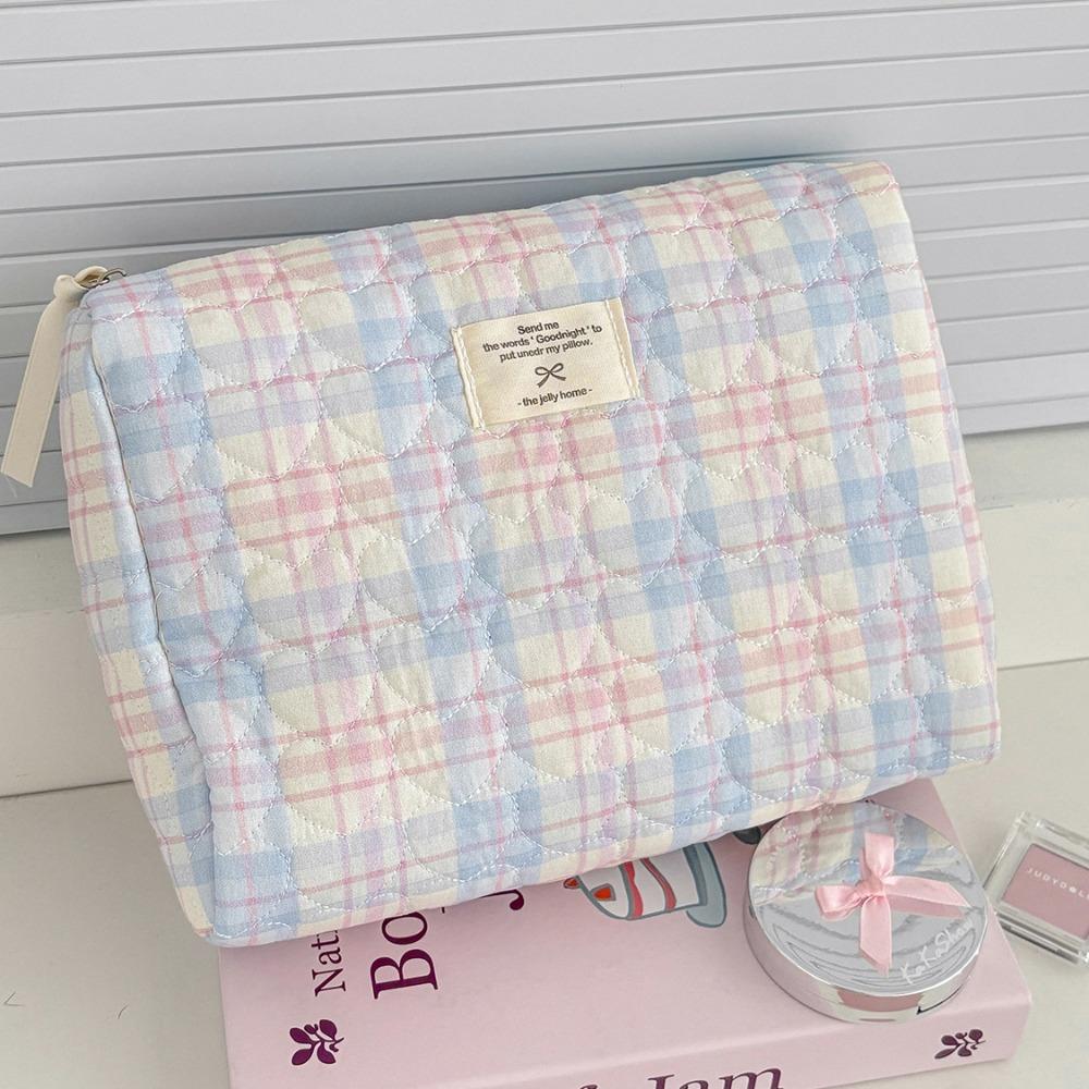 Fashion Korean Style Cosmetic Bag Multi-size Zipper Travel Storage Bags Pink Bow Plaid Makeup Quilted Bag for Women Girls