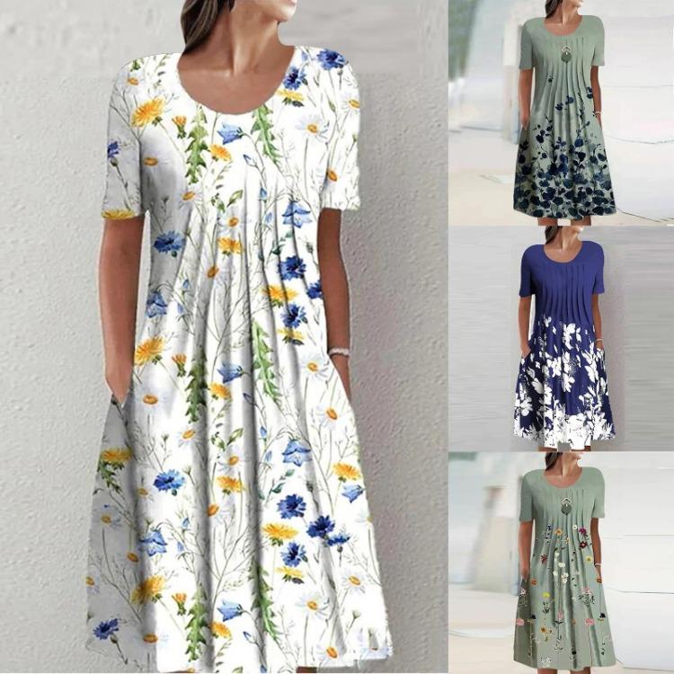 Women's Casual Summer Short Sleeve Pullover Dress Loose Round Neck Fashion Print