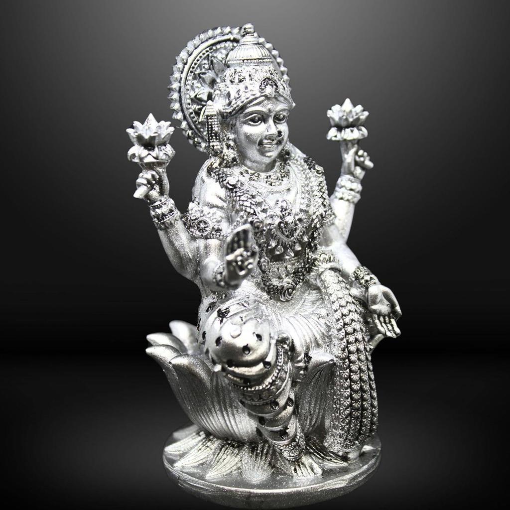 Goddess Lakshmi Laxmi Devi MATA Idol - 4.5 Inches Polystone Material Murti - Colour- Brass, Silver – Perfect Statue
