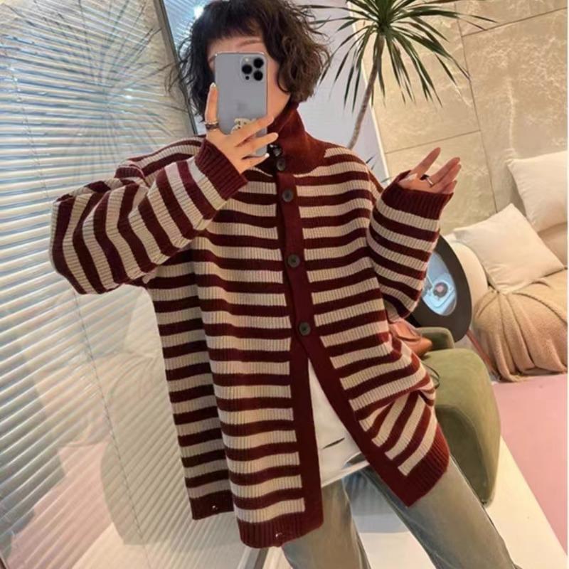 Autumn and winter new contrasting color stripes loose outside wear lazy style knitted cardigan soft waxy casual sweater jacket women