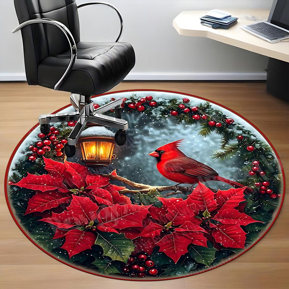 1pc Christmas Cardinal Poinsettia Chair Carpet for Office, Round Non Slip Durable Large Size Office Carpet, Suitable for Office