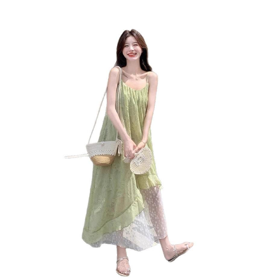 Green Mori floral suspender dress women's summer new French seaside vacation chiffon irregular long dress