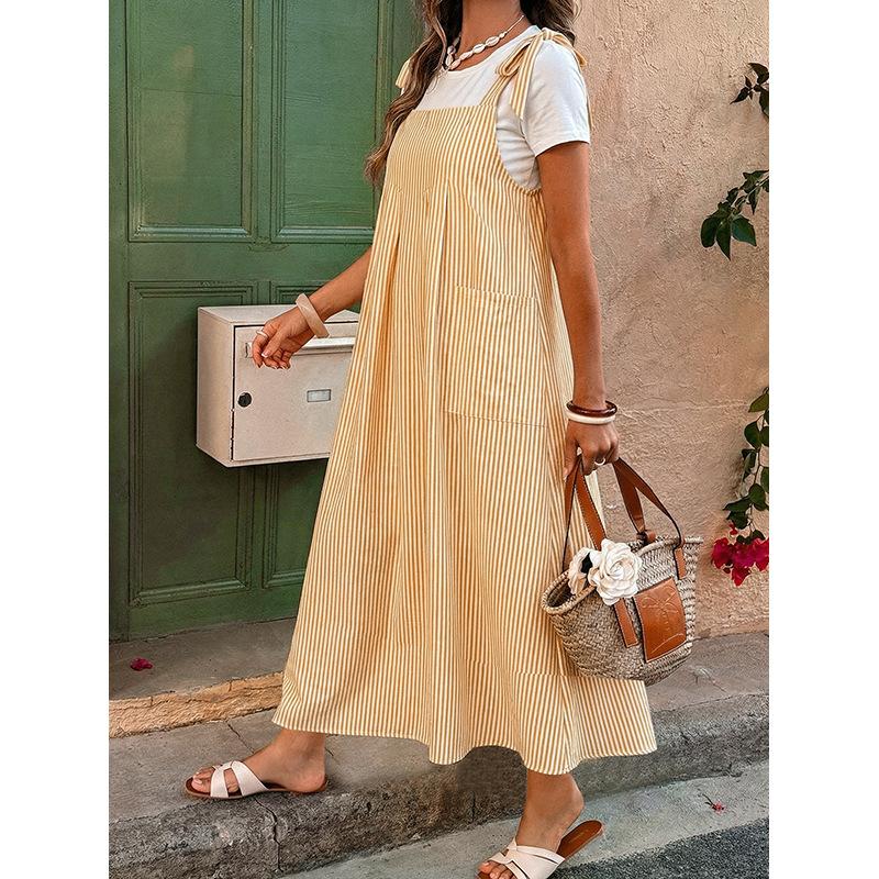 New Large-sized Relaxed Style Striped Backless Dress - Loose Fit for Slimming, Large-sized Casual Mid-length Backless Dress