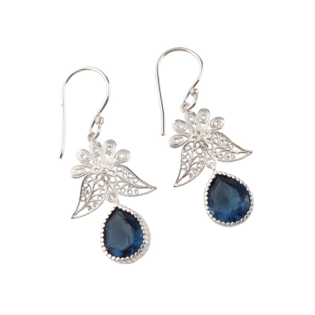 London Blue Topaz Gemstone 925 Sterling Silver Handcrafted Jewelry Designer Long Earrings 1.84" For Birthday Gift CE-23-8