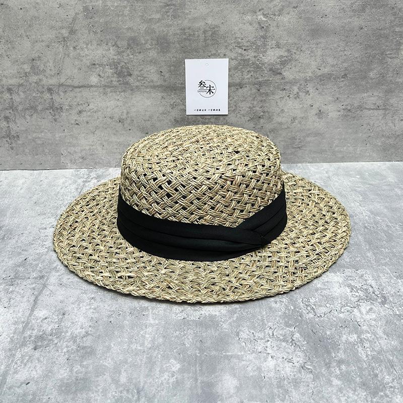 Old Money Flavor Strong Summer Big Eaves Natural Salty Grass Woven Flat Top Sun Hat French Retro Straw Hat Female Film Artifact
