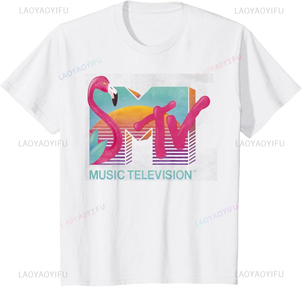 MTV Distressed Retro Flamingo Logo Fill Funny Shirt Couple Individuality Mens Clothing Unisex Summer Streetwear Tops Camisas