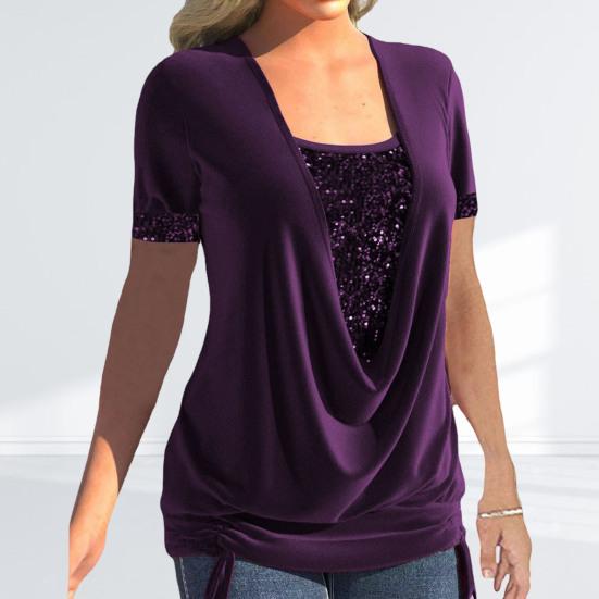 Čtvercový límec Krátký rukáv Skládací lem Jednobarevné Dámské Tričko Letní Flitry Prošívání Falešné dvoudílné topy